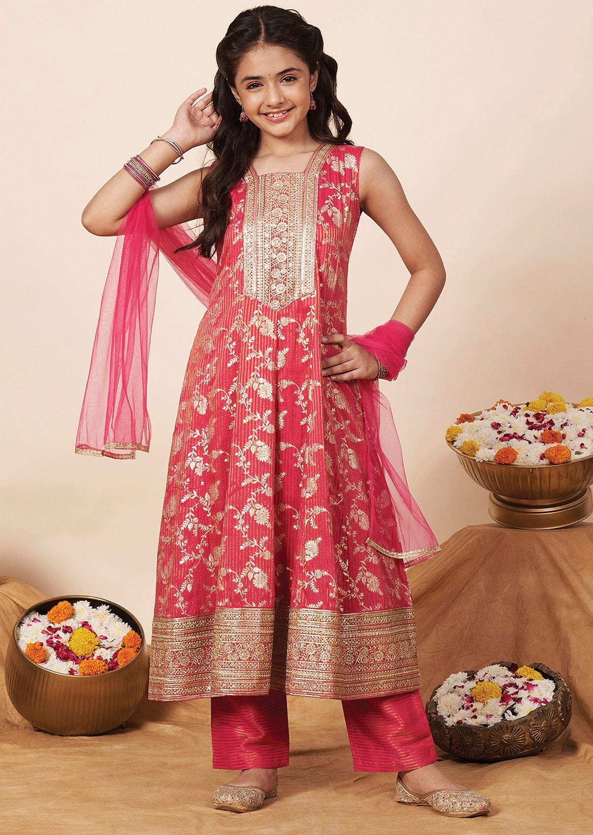 Rani Pink Banaras Girls Anarkali