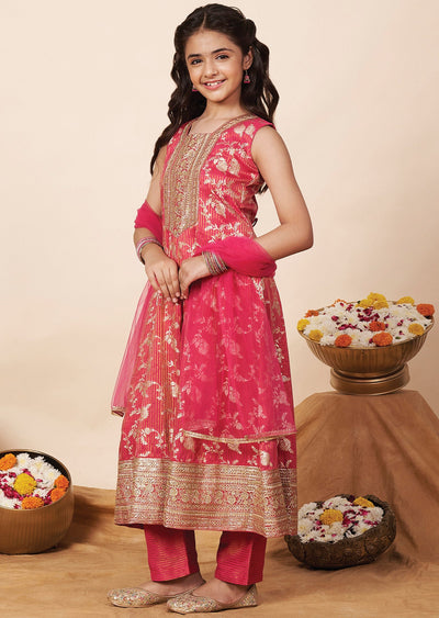 Rani Pink Banaras Girls Anarkali