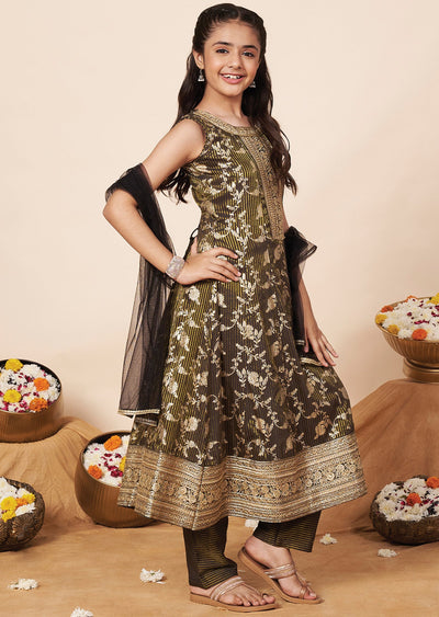 Dark Grey Banaras Girls Anarkali