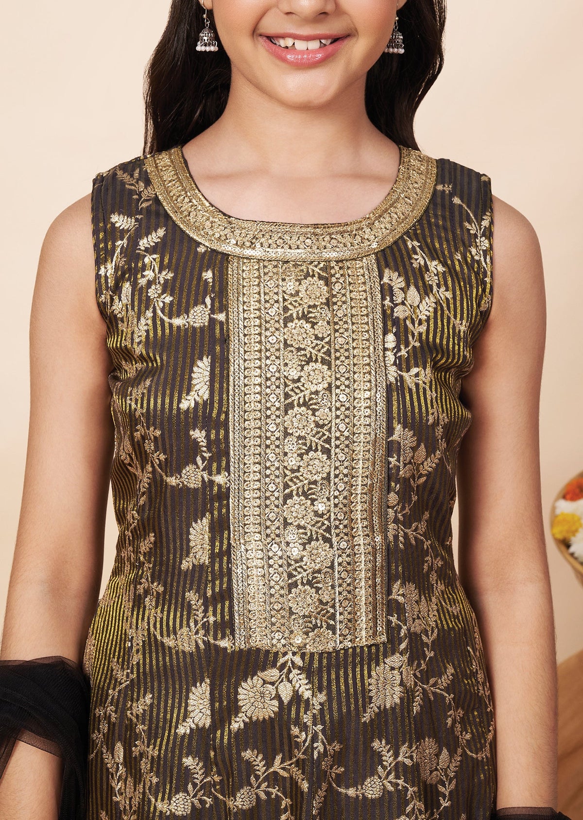 Dark Grey Banaras Girls Anarkali
