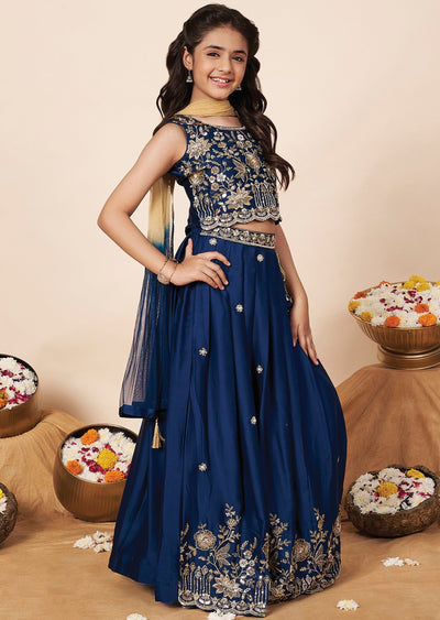 Teal Blue Chiffon Girls Ghagra Choli