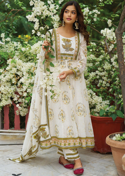 Off White & Yellow Cotton Anarkali Suit