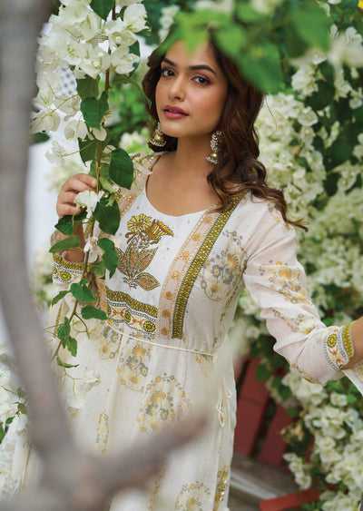 Off White & Yellow Cotton Anarkali Suit