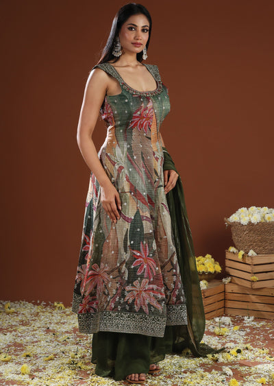 Mehendi Green Tissue Silk Anarkali Suit