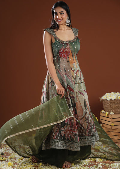 Mehendi Green Tissue Silk Anarkali Suit