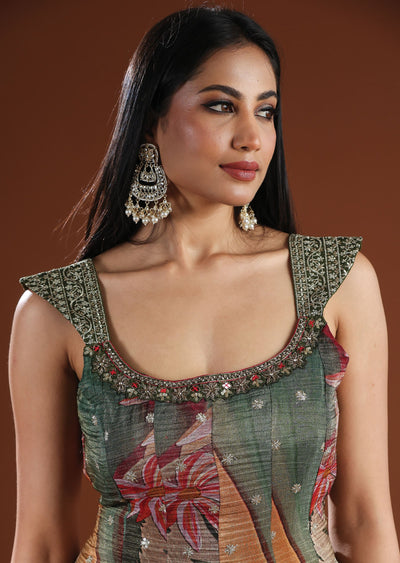 Mehendi Green Tissue Silk Anarkali Suit