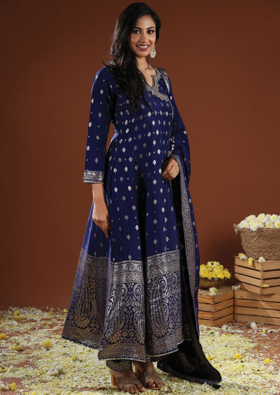 Navy Blue Banaras Silk Anarkali Suit