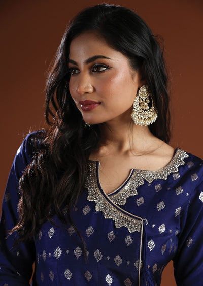Navy Blue Banaras Silk Anarkali Suit