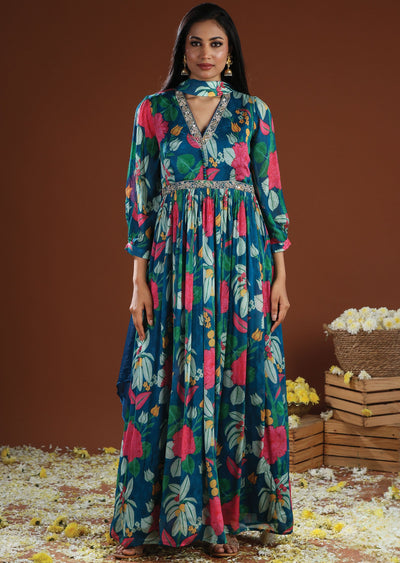 Rama Blue Chinnon Anarkali Suit