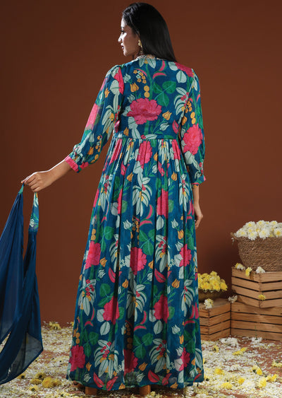 Rama Blue Chinnon Anarkali Suit