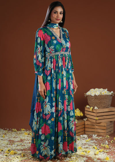 Rama Blue Chinnon Anarkali Suit