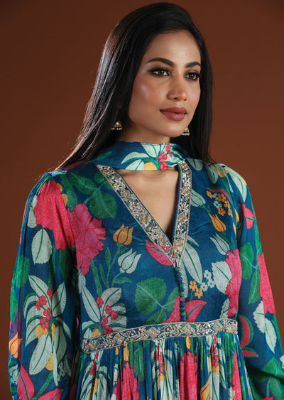 Rama Blue Chinnon Anarkali Suit