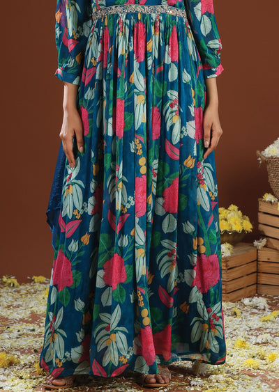 Rama Blue Chinnon Anarkali Suit