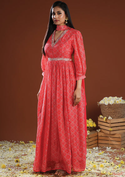 Coral Pink Chinnon Anarkali Suit