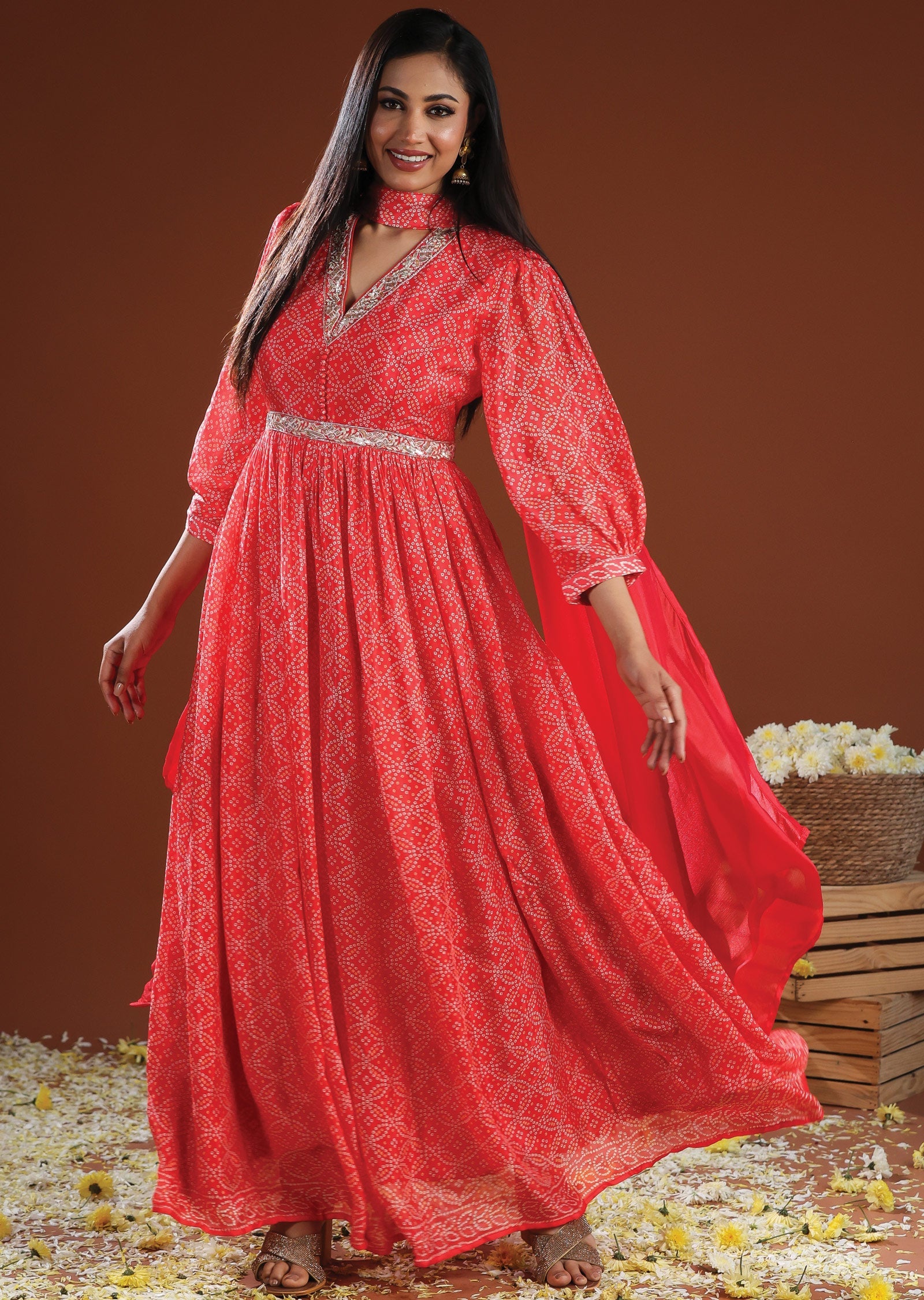 Coral Pink Chinnon Anarkali Suit