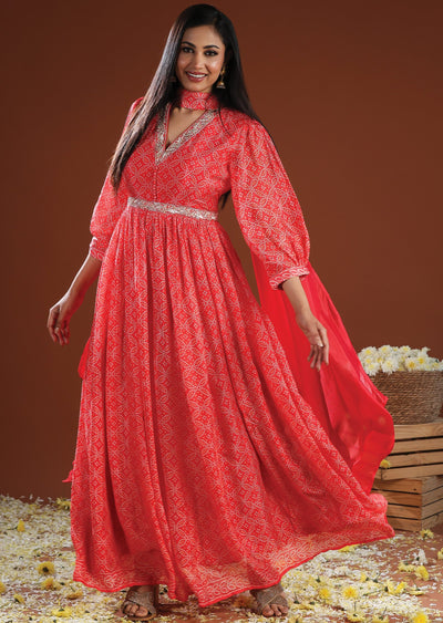 Coral Pink Chinnon Anarkali Suit