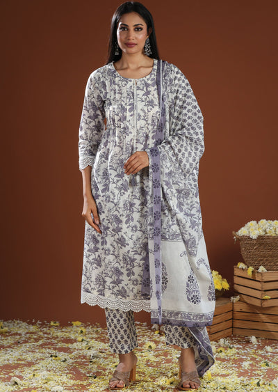 Off White & Lavender Cotton Anarkali Suit