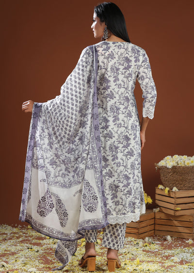 Off White & Lavender Cotton Anarkali Suit