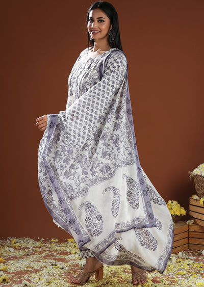 Off White & Lavender Cotton Anarkali Suit