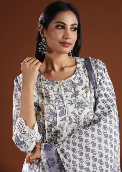 Off White & Lavender Cotton Anarkali Suit