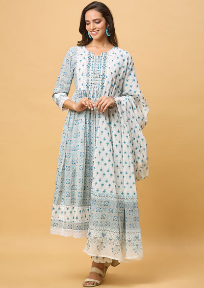 Off White & Blue Cotton Anarkali Suit