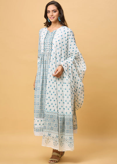 Off White & Blue Cotton Anarkali Suit