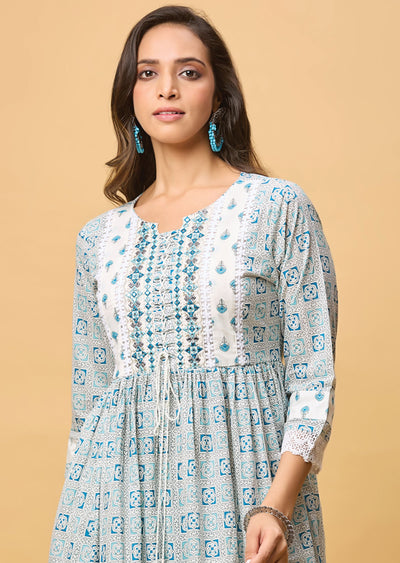 Off White & Blue Cotton Anarkali Suit