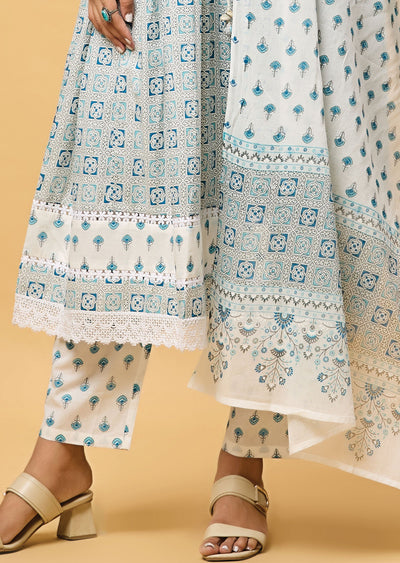 Off White & Blue Cotton Anarkali Suit