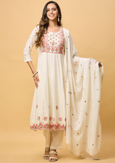 Off White Jacquard Cotton Anarkali Suit