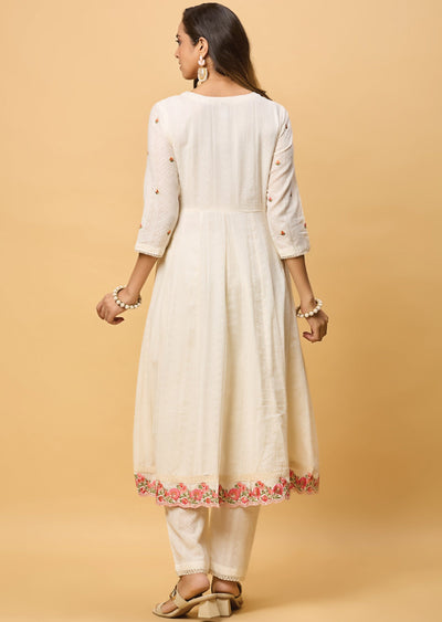 Off White Jacquard Cotton Anarkali Suit