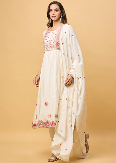 Off White Jacquard Cotton Anarkali Suit