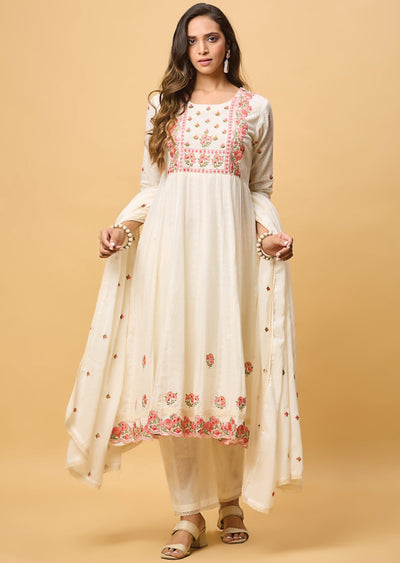 Off White Jacquard Cotton Anarkali Suit
