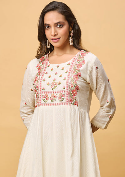 Off White Jacquard Cotton Anarkali Suit