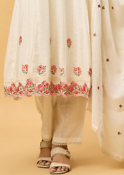 Off White Jacquard Cotton Anarkali Suit