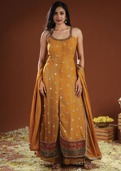 Mustard Tissue Silk & Chinon Anarkali Suit