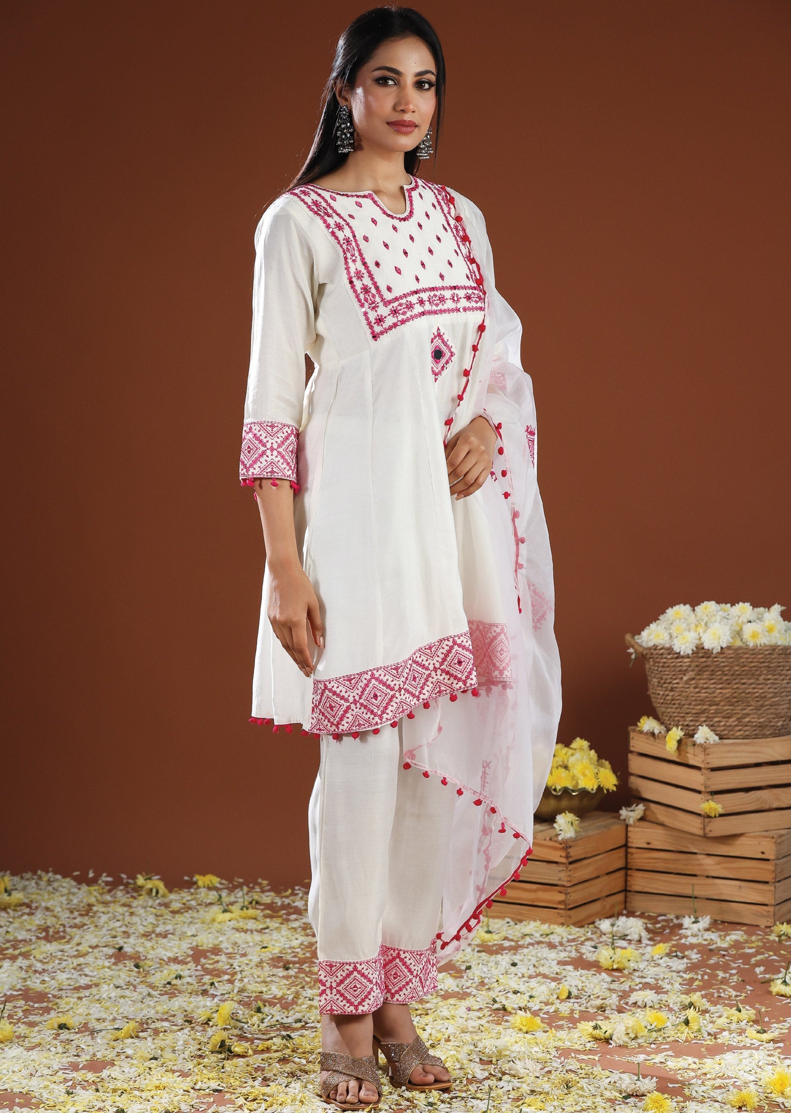 Off White Russian Silk Anarkali Suit