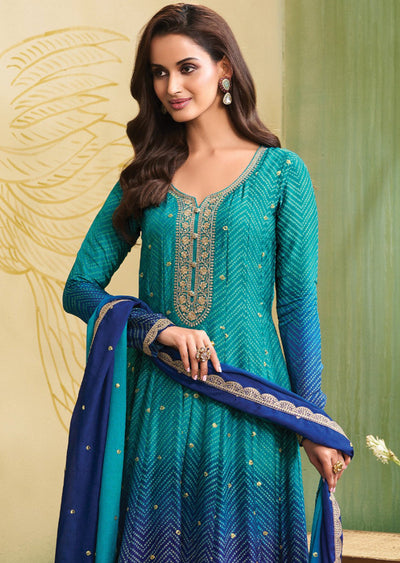 Light Blue & Ink Blue Soft Silk Anarkali Suit