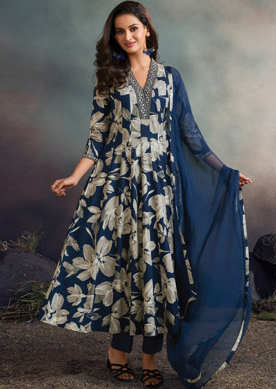 Navy Blue Soft Silk Anarkali Suit