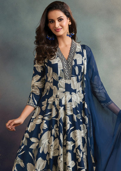 Navy Blue Soft Silk Anarkali Suit
