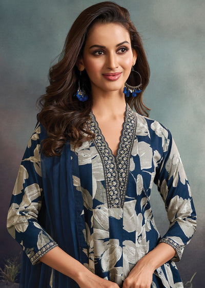 Navy Blue Soft Silk Anarkali Suit