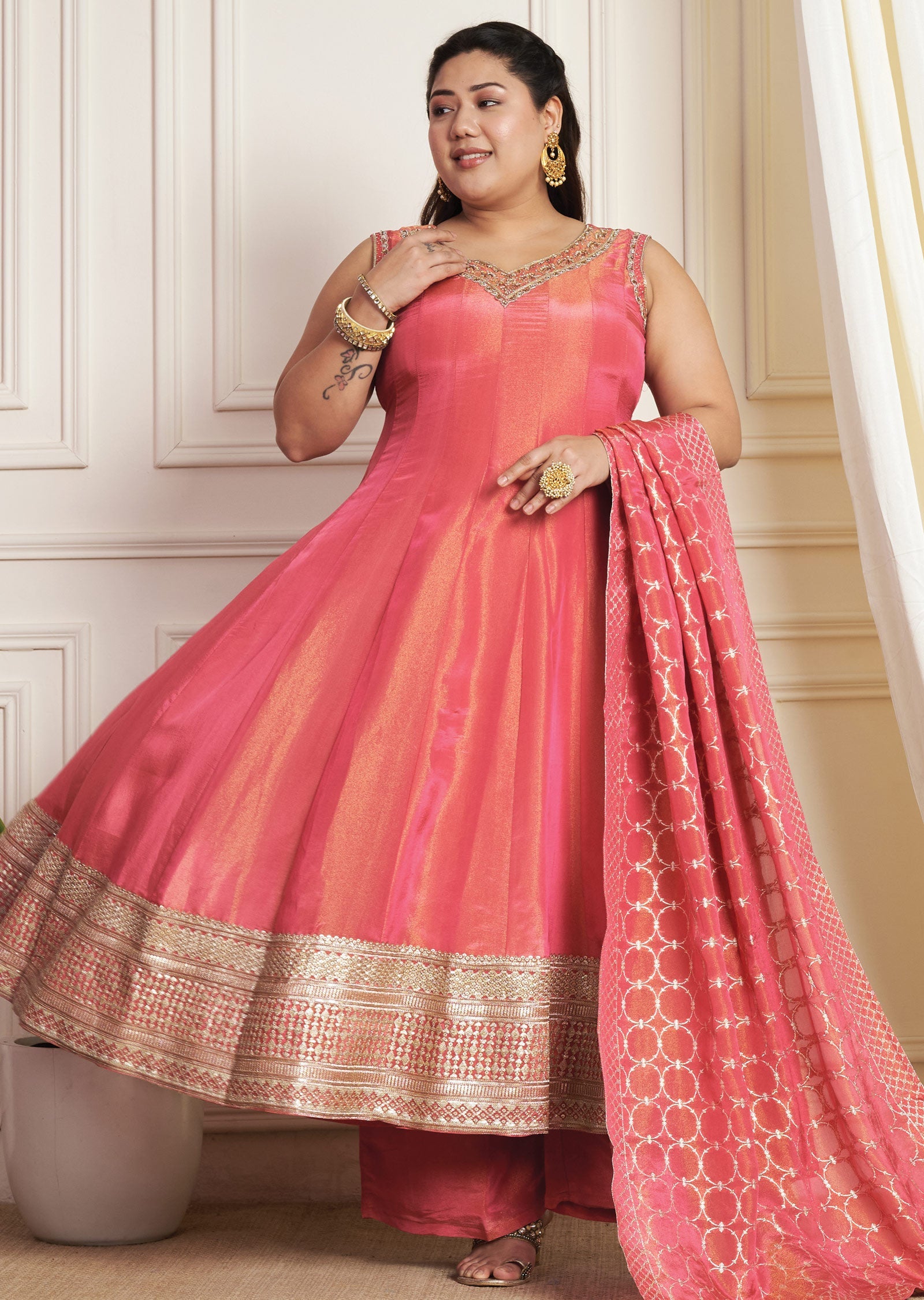 Dark Pink Tissue Silk Anarkali Suit