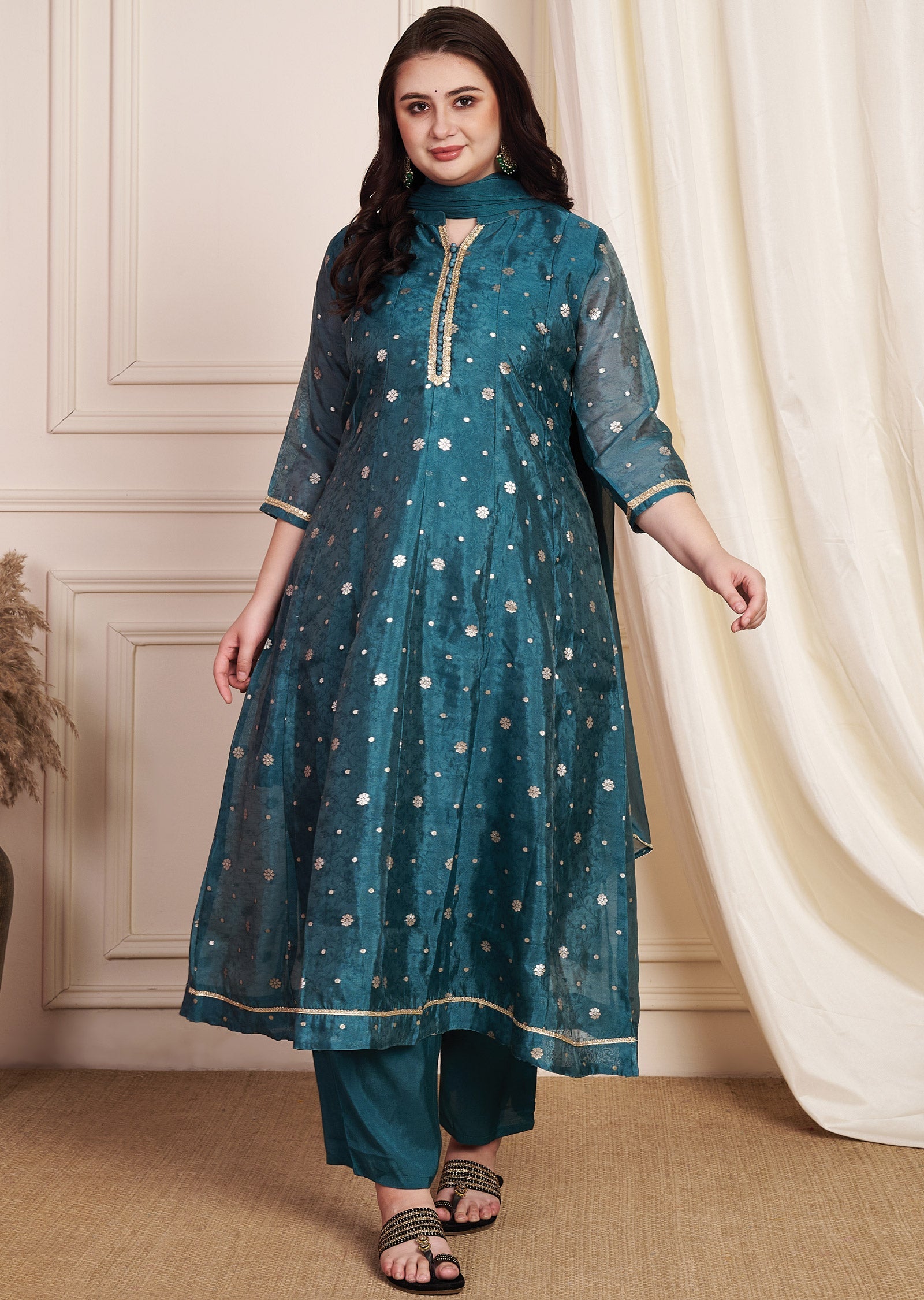 Dark Rama Green Tissue Silk Anarkali Suit