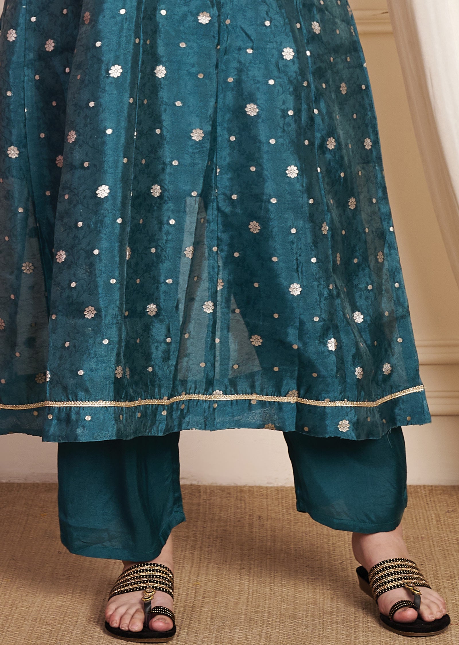 Dark Rama Green Tissue Silk Anarkali Suit