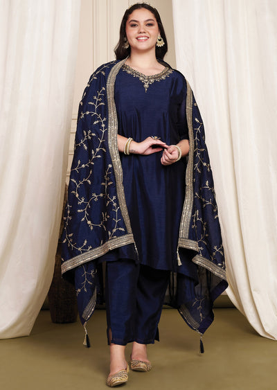 Navy Blue Soft Silk Anarkali Suit