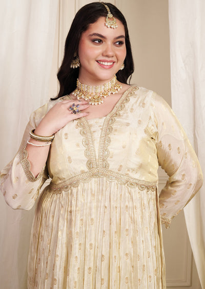 Beige Banaras Silk Anarkali Suit