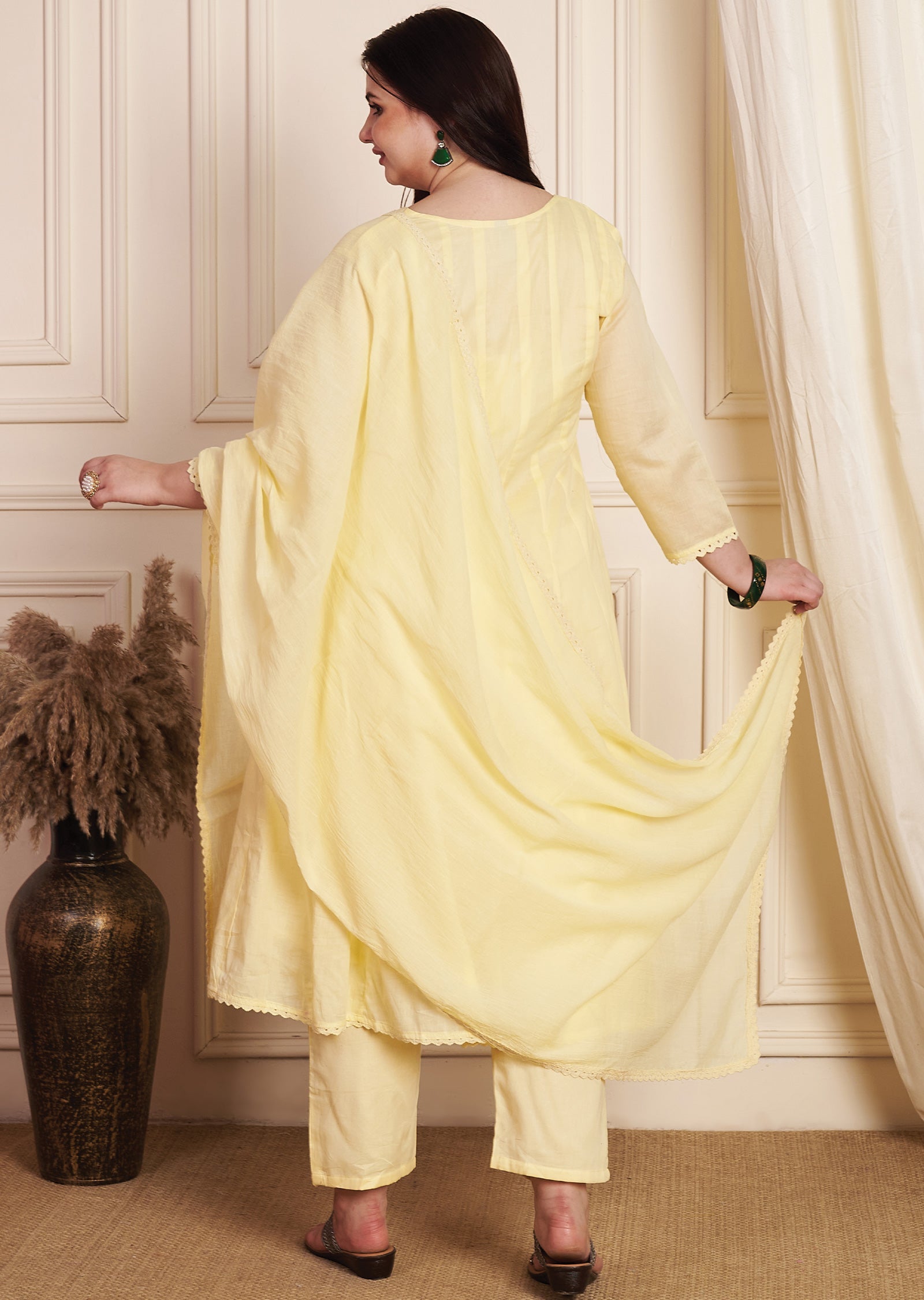 Light Yellow Cotton Anarkali Suit