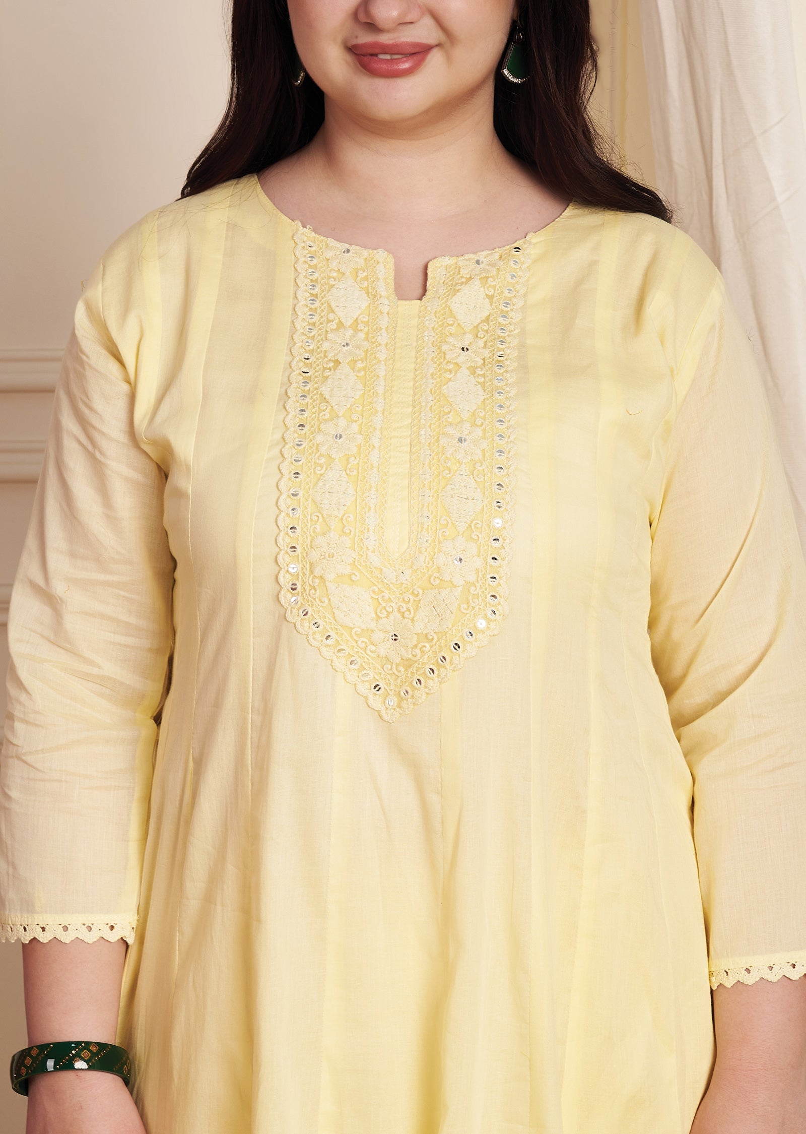 Light Yellow Cotton Anarkali Suit