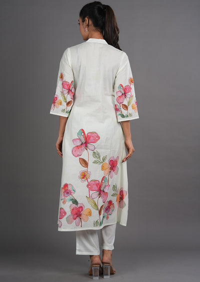 Cream Cotton Straight Cut Kurti Set