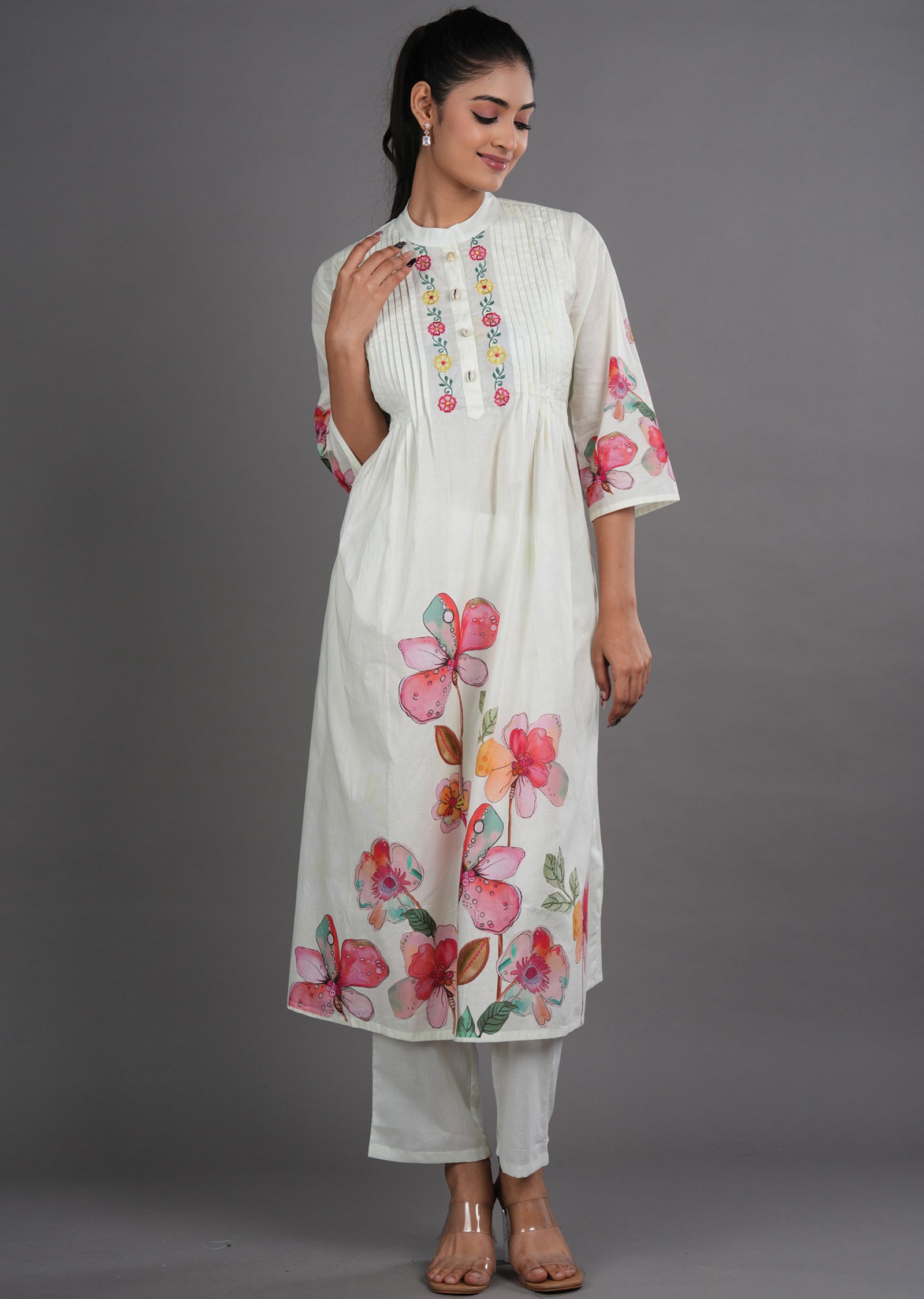 Cream Cotton Straight Cut Kurti Set