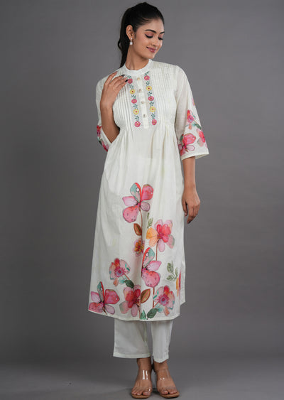 Cream Cotton Straight Cut Kurti Set